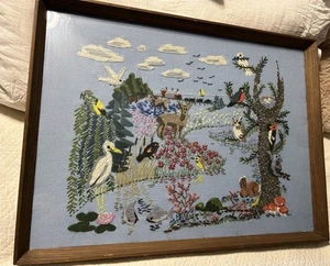 Vtg Lg. Professionally Framed Hand Emboidered Nature Scene Birds, Wildlife,... - Picture 1 of 14