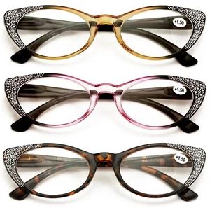 3 Pairs Women Cateye Reading Glasses Rhinestones Stylish Comfortable Reader DR04 - Picture 1 of 13