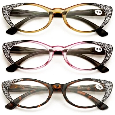 3 pares de gafas de lectura Cateye para mujer pedrería elegante y cómodo lector DR04 Foto 1 de 4
