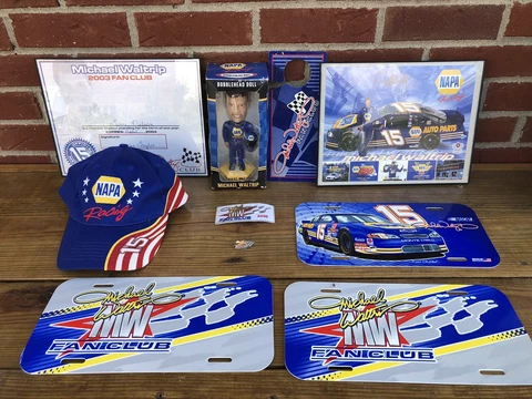 Michael Waltrip Nascar Fan Club Souvenirs, Bobble Head, Hat, License Plates, Pin Cover