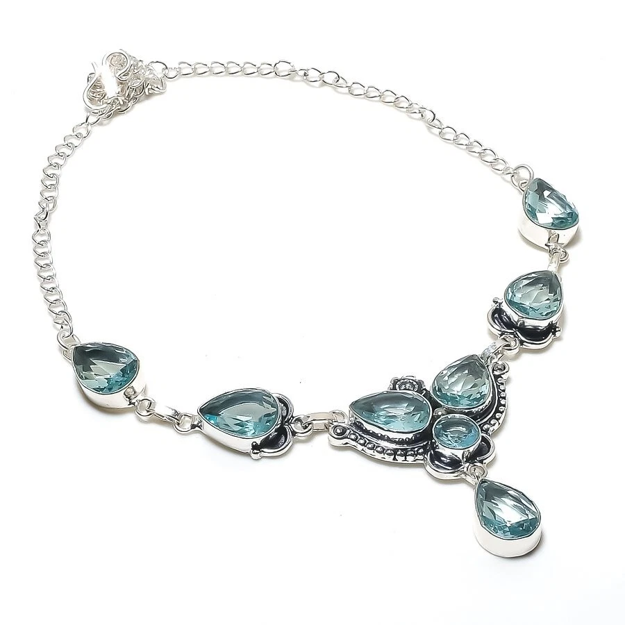 Collar de joyería de plata de ley 925 hecho a mano con piedras preciosas de aguamarina aguamarina tamaño 18" Foto 1 de 1