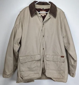VTG Woolrich Mens Field Barn Chore Coat Tan Canvas Shell Blanket Wool Lined XL - Picture 1 of 12