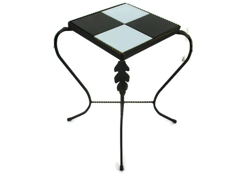 Retro Small Side Table Plant stand Mosaic tiles Checkered pattern Wrought Iron Cover