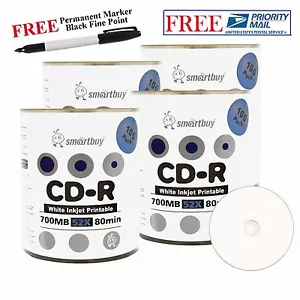 400 Smartbuy 52X CD-R disco vuoto stampabile a getto d'inchiostro bianco + pennarello permanente nero - Foto 1 di 4