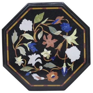 18" black Marble top side table semi precious stones inlay art work home decor - Picture 1 of 4