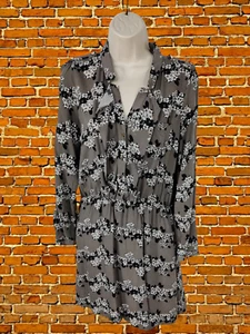 OASIS SIZE UK 12 GREY FLORAL PRINT LONG SLEEVE CASUAL MINI SHIRT SKATER DRESS - Picture 1 of 4