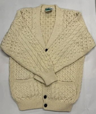Cárdigan Gaeltarra Tejido con Cable Marfil Pescador Lana Aran Cuero Botones Mujer M Foto 1 de 4