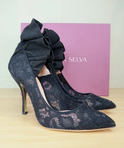 NEU Dahlia Selva schwarze Spitzenpumps Rüschen für alle Größen US 6,5/37 Italien neu im Karton GVR - Bild 1 von 13