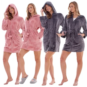 Ladies Soft Luxury Flannel Fleece Zip Front Hooded Dressing Gown Robe Embossed - Picture 1 of 15