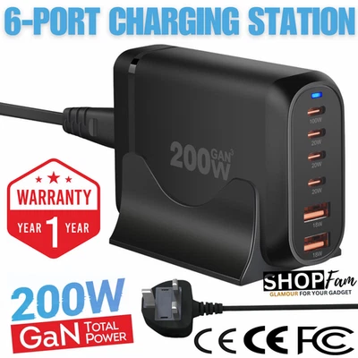 6-Port GaN Charger 200W Multi Port Charging Station Fast Charging USB C Charger - Image 1 of 4