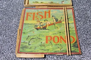 Vintage Milton Bradley Fischteich Spiel frühe Litho - Metallschleife Fisch DMG Box - Bild 1 von 5