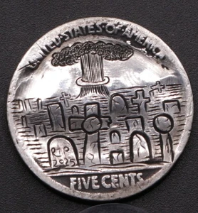 Nuclear - Cemetary - Hand Carved Halloween Hobo Nickel- 2025- Spooky Engraving - Picture 1 of 3