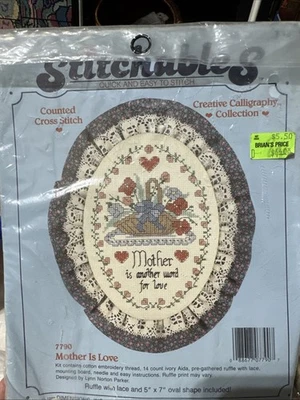 Vintage 1988 Dimensions Stitchables Cross Stitch Kit Mother Is Love w Lace - Image 1 of 3