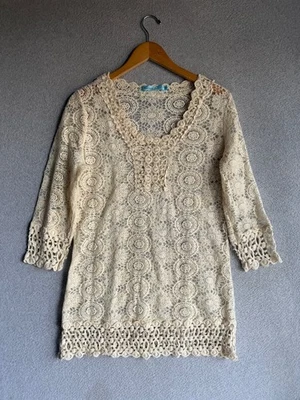 Solitario Natación Cubre Grande Mujer Crema Encaje Crochet Romántico Vacaciones Costeras Foto 1 de 4