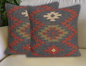 02 Piezas Funda Cojín India Hecha a Mano Dormitorio Kilim Lana Yute Tamaño de 18"X18". - Imagen 1 de 66