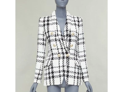BALMAIN checked black white cotton tweed double breasted blazer jacket FR36 S - Image 1 of 4