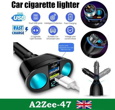 DC 12V LED 2 Way Car Cigarette Lighter Socket Splitter Dual USB Charger Adapter - Image 1 of 4