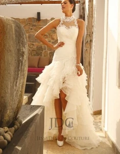 Vestido de novia delantero corto trasero largo con remolque falda de volantes perlas marfil espalda sin espalda - Imagen 1 de 6