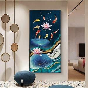 23.6x11.8 in Feng Shui Blue Canvas Poster Koi Nine Fish Painting Lotus Unframed - Picture 1 of 1