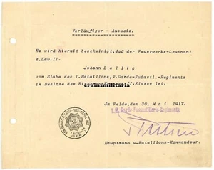 Orig. Urkunde EK2 EKII Eiserne Kreuz Orden - Offizier Garde Fussartillerie 1917 - Bild 1 von 1