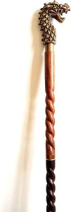 Antique Brass Dragon Head Handle Victorian Wooden Walking Stick Cane Gift - Picture 1 of 9