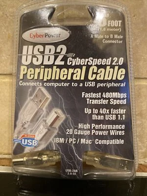 Cyber Power 6’ Foot 1.8 meter USB2 CyberSpeed 2.0 Peripheral Cable! - Image 1 of 2