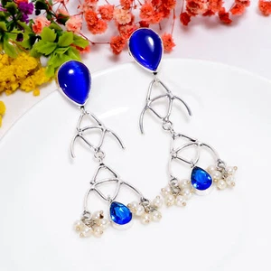 Blue Cats Eye Blue Topaz Gemstone 925 Sterling Silver Earrings 2.7" H677 - Picture 1 of 5