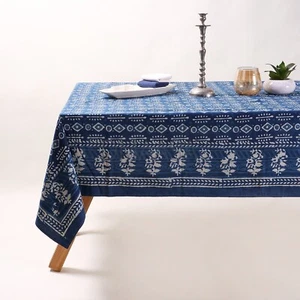 Indigo Blue Indian Hand Block Printed Table Cover Abstract Dining Table Cloth - Picture 1 of 4