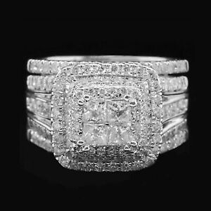 5CtPrincess Cut Simulated Diamond Trio Set Engagement Ring 14K White Gold Plated