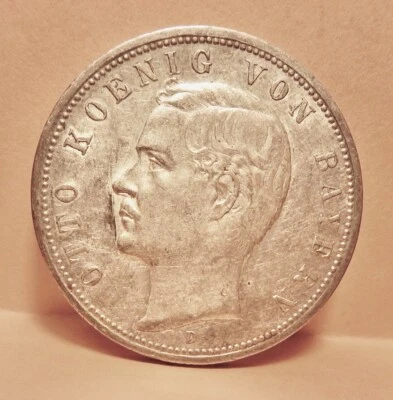 Baviera - Imperio Alemán 5 marcos 1913 D Rey Otto XF/AU Foto 1 de 2