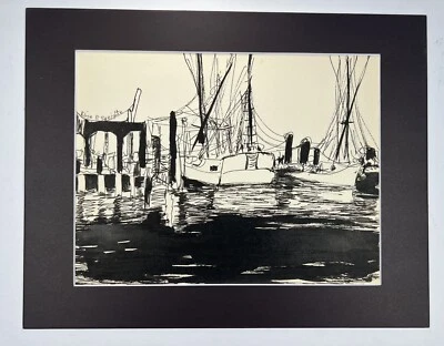 "Barcos de colección atracados en el puerto dibujo 11x14"" arte popular tinta boceto veleros marinos ⛵️" Foto 1 de 4