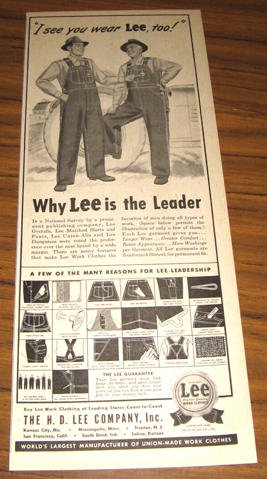 Mono vaquero Lee Blue 1948 con anuncio impreso Happy Farmers & Tractor Foto 1 de 1