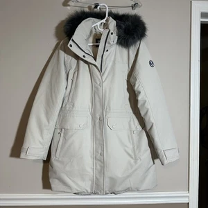 NWOT Women's  Lands End Down Coat Size L Beige Warm, Faux Fur Detachable Hood - Picture 1 of 15