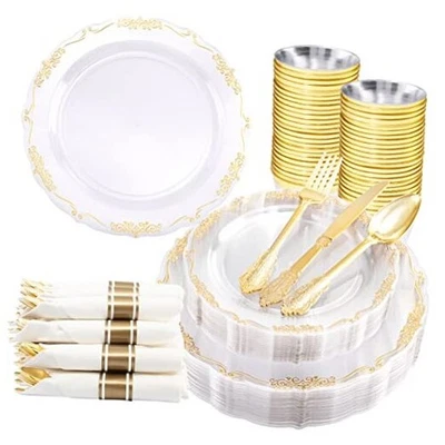  175 золотых пластиковых тарелок и салфеток 175 штук (25 гостей) прозрачное золото - Изображение 1 из 4