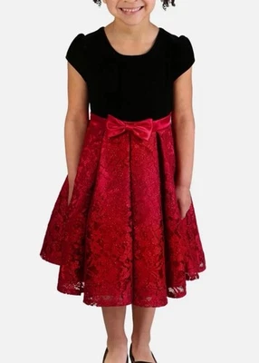 Jona Michelle Girl's Black Red Burgundy Holiday Formal Velvet Lace Dress Size 12 - Image 1 of 4