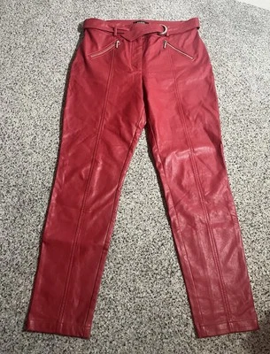 GUESS Women’s Red Faux Leather Belted Zipper Pockets Straight Leg Jeans Pants 10 - Image 1 of 4
