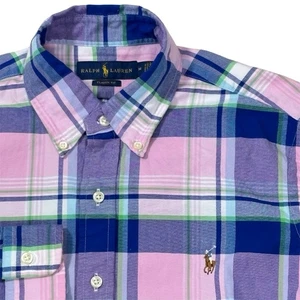 Polo Ralph Lauren camicia abbottonata uomo rosa medio viola quadri carne pony L/S - Foto 1 di 9