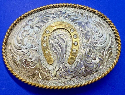 Jeweled Horse Shoe Vintage Montana Silversmiths Sterling Plated Belt Buckle - Image 1 of 4