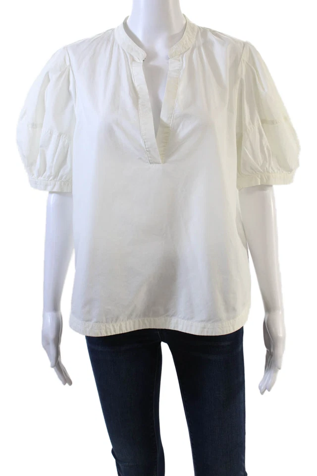Blusa blanca Joie de algodón con cuello en V manga corta abullonada para mujer talla L Foto 1 de 4