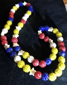 BaseballBeaded Necklace Red White  Blue Yellow Colors Sparkly New Stretchy - Picture 1 of 2