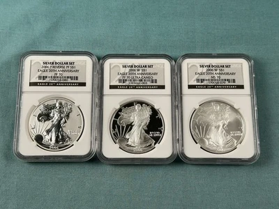 2006 US Mint American Eagle 20th Anniversary Three-Coin Silver Set PF70 MS70 NGC - Image 1 of 4