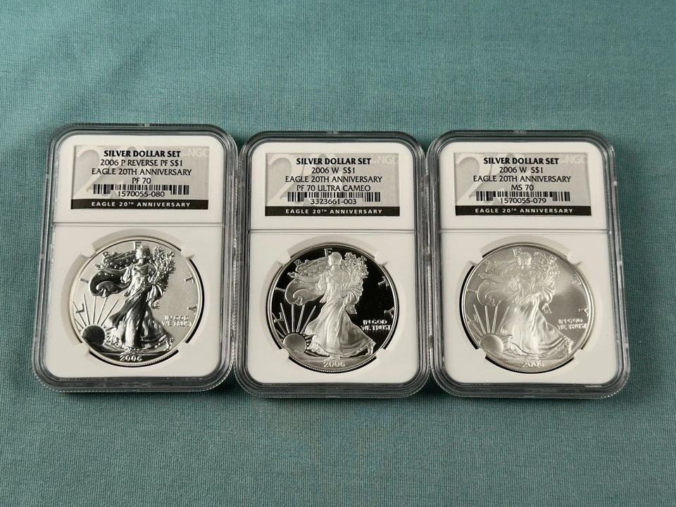 2006 US Mint American Eagle 20th Anniversary Three-Coin Silver Set PF70 MS70 NGC - Image 1 of 1