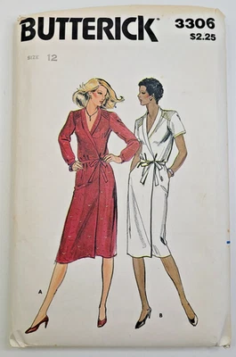 VTG 80s Butterick Sewing Pattern 3306 Misses Wrap Dress Size 12 PARTIAL CUT - Image 1 of 3