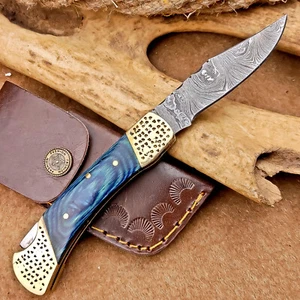 CUSTOM Handmade Damascus Pocket Knife – Folding Knife, Stag Antler , Sheath, 410 - Picture 1 of 11