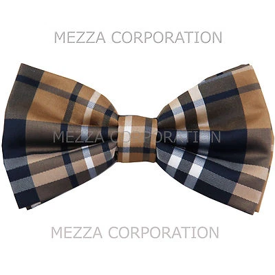 New formal men's pre tied Bow tie plaid & checkers formal wedding party brown - Image 1 of 3