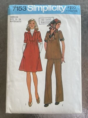 Vintage Simplicity Pattern 70's Maternity Dress Top Pants #7153 UNCUT Sz M 14-16 - Image 1 of 2