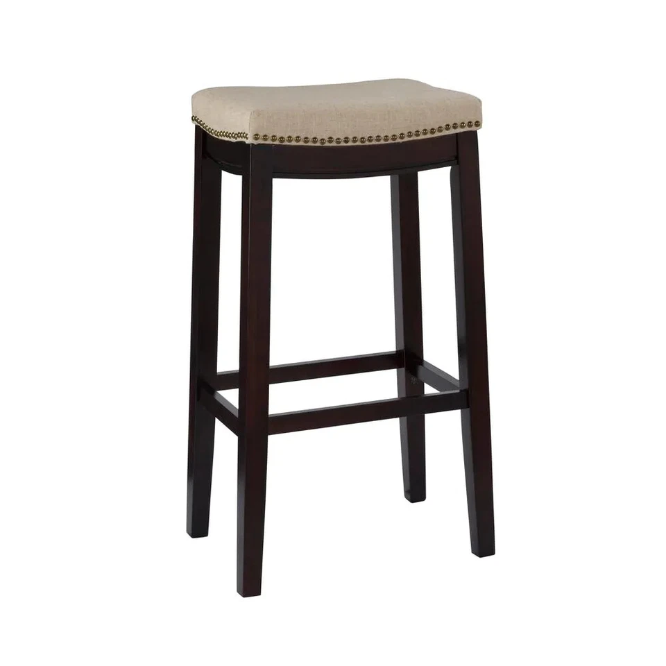 Linon Home Decor Bar Stool Dark Walnut Cushioned Seat Backless 30 in. Height - Image 1 of 4