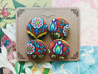 Set of 4 Beautiful Floral Handmade Fabric Covered Buttons, Sewing Fashion Jacket - Image 1 of 2