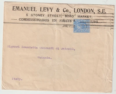 1909 EMANUEL LEVY LONDON ADVERTISING ILLUSTRATED FRUITS ENV BORO MARKET TO ITALY - Image 1 of 2