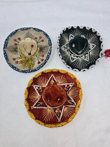 LOT OF 3 VINTAGE HANDMADE MEXICAN MINI SOMBRERO HATS 6" SOUVENIRS VELVET SEQUIN - Picture 1 of 7